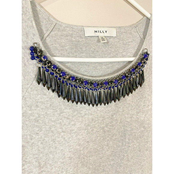 Milly Gray Short Sleeve Knit Top‎ Embellished Black Blue Beads Size P(0-2) - Picture 2 of 10